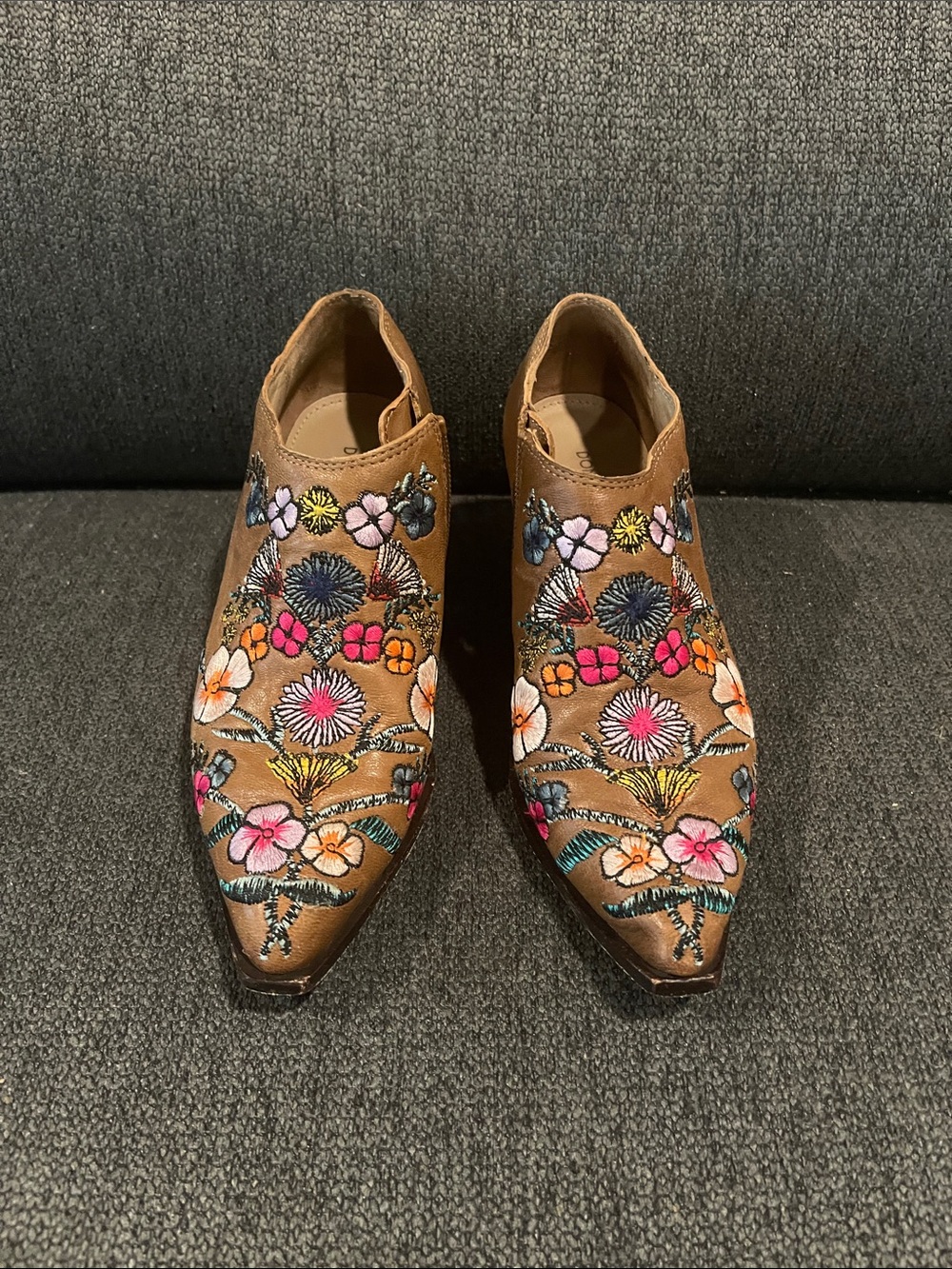 Donald J. Pliner Brown Embroidered Floral Pointed Ankle Boots - Picture 1 of 2